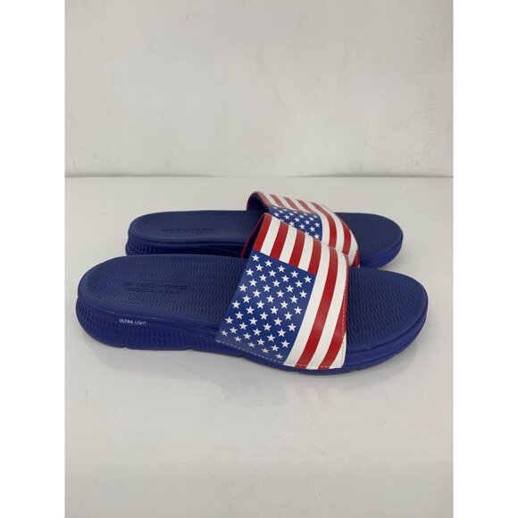 Skechers Mens 10 Yoga Mat Slide Sandals WNVR United States Flag Red White Blue U - Picture 3 of 8